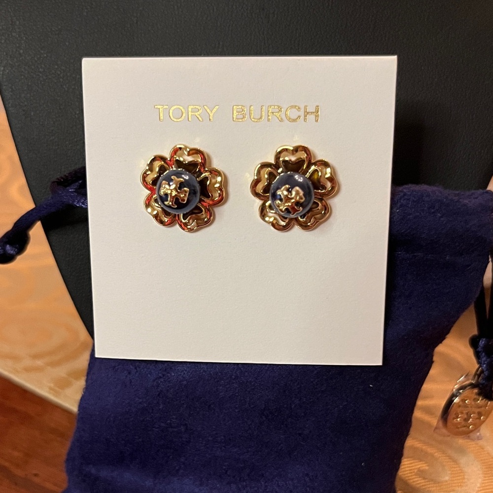 Tory Burch Katie Gold and Dark Blue Enamel Floral Studs